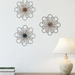 Wall Plaques-Kirkland's Home Layered Metal & Wood Flower Wall Plaques, Set Of 3 Black/Tan}Multi