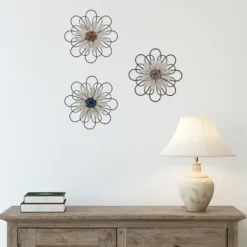 Wall Plaques-Kirkland's Home Layered Metal & Wood Flower Wall Plaques, Set Of 3 Black/Tan}Multi