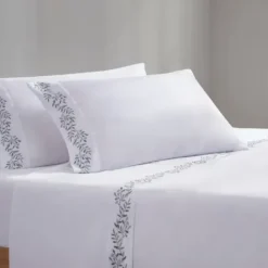 Bed Sheets-Kirkland's Home Leafy Vine Hem Microfiber 4-Pc. Full Sheet Set White/Green