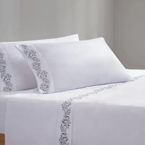 Bed Sheets-Kirkland's Home Leafy Vine Hem Microfiber 4-Pc. King Sheet Set White/Green