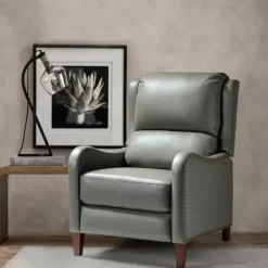 Accent Chairs-Kirkland's Home Leather Nailhead Traditional Recliner Gray