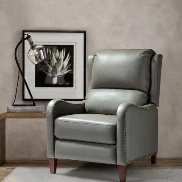 Accent Chairs-Kirkland's Home Leather Nailhead Traditional Recliner Gray