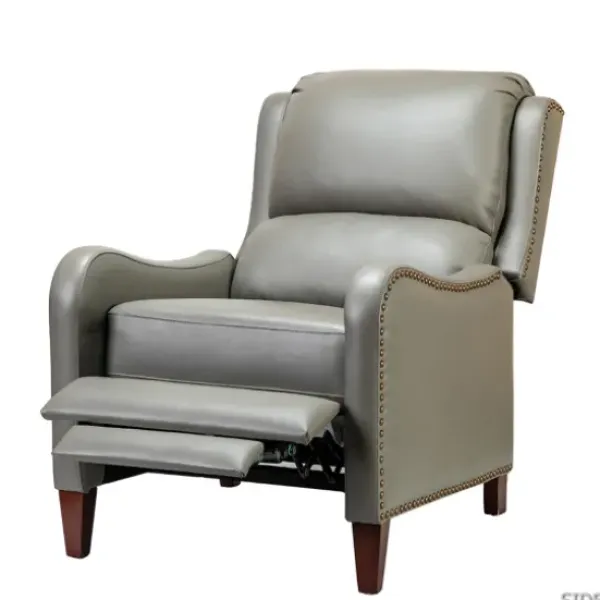 Accent Chairs-Kirkland's Home Leather Nailhead Traditional Recliner Gray