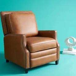 Accent Chairs-Kirkland's Home Leather Nailhead Trim Recliner Brown