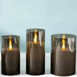 Flameless Candles-Kirkland's Home Led Soft Flame Glass Pillar Candle, 3X6 In. Gray