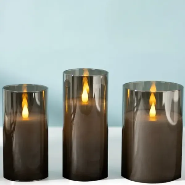 Flameless Candles-Kirkland's Home Led Soft Flame Glass Pillar Candle, 3X7 In. Gray