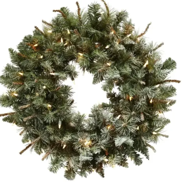 Wreaths-Kirkland's Home Liana Lightly Frosted Pine Pre-Lit Wreath, 30 In. Green