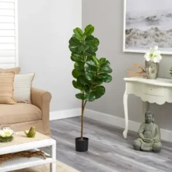 Trees & Topiaries-Kirkland's Home Lifelike Fiddle Leaf Fig In Black Planter, 4.5 Ft.