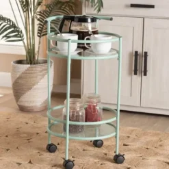 Kitchen Islands & Bar Carts-Kirkland's Home Light Blue Round Metal Bar Cart