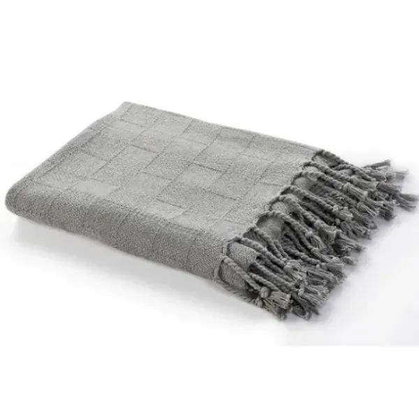 Blankets & Throws-Kirkland's Home Light Checkered Weave Fringe Throw Gray