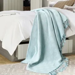Blankets & Throws-Kirkland's Home Light Checkered Weave Fringe Throw Blue