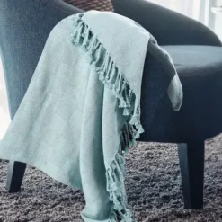 Blankets & Throws-Kirkland's Home Light Checkered Weave Fringe Throw Blue