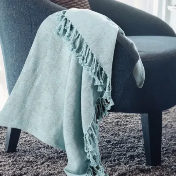 Blankets & Throws-Kirkland's Home Light Checkered Weave Fringe Throw Blue