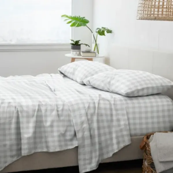 Bed Sheets-Kirkland's Home Light Country Plaid 4-Pc. Queen Bed Sheet Set Gray