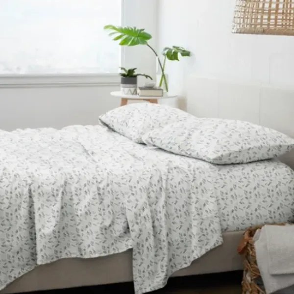 Bed Sheets-Kirkland's Home Light Gray Botanical Flannel 4-Pc. King Sheet Set Gray/White