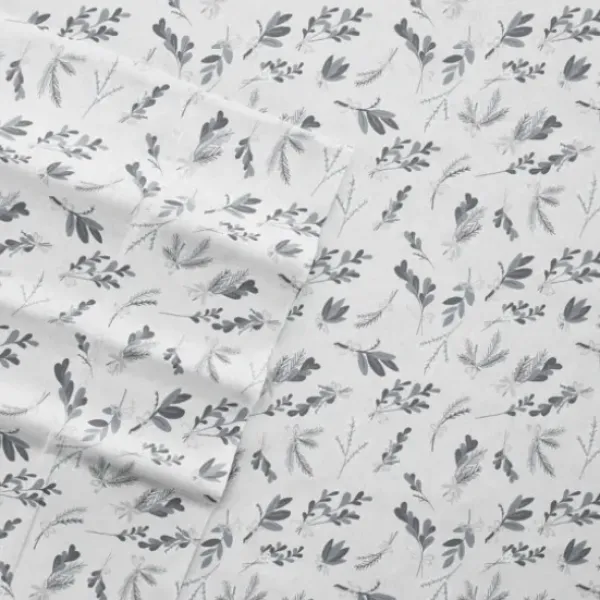 Bed Sheets-Kirkland's Home Light Gray Botanical Flannel 4-Pc. King Sheet Set Gray/White