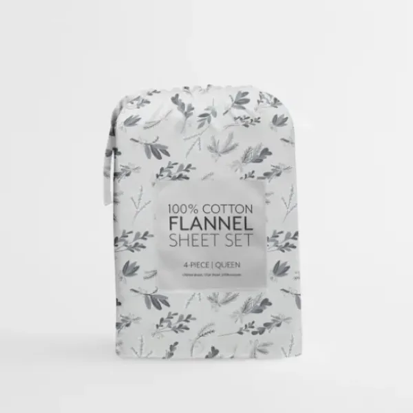 Bed Sheets-Kirkland's Home Light Gray Botanical Flannel 4-Pc. King Sheet Set Gray/White
