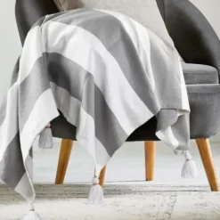 Blankets & Throws-Kirkland's Home Light Gray Cabana Stripe Tassel Throw Gray/White