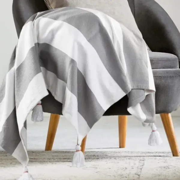 Blankets & Throws-Kirkland's Home Light Gray Cabana Stripe Tassel Throw Gray/White