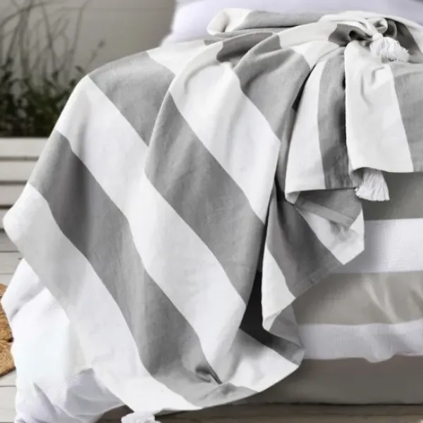 Blankets & Throws-Kirkland's Home Light Gray Cabana Stripe Tassel Throw Gray/White