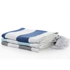Blankets & Throws-Kirkland's Home Light Gray Cabana Stripe Tassel Throw Gray/White