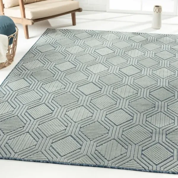 Outdoor Rugs-Kirkland's Home Light Gray Tile Motif Outdoor Area Rug, 5X7 Gray/White