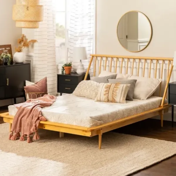 Beds & Headboards-Kirkland's Home Light Oak Modern Spindle Wooden Queen Bed Tan