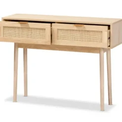 Console Tables-Kirkland's Home Light Oak Rat And Wood Console Table Tan