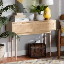 Console Tables-Kirkland's Home Light Oak Rat And Wood Console Table Tan