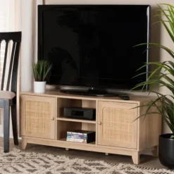 Tv Stands & Media Consoles-Kirkland's Home Light Wood And Cane Accent Tv Stand Brown