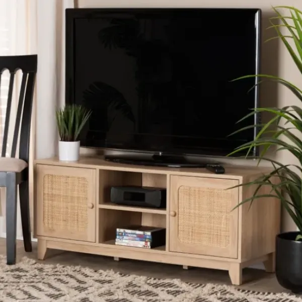 Tv Stands & Media Consoles-Kirkland's Home Light Wood And Cane Accent Tv Stand Brown