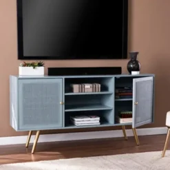 Tv Stands & Media Consoles-Kirkland's Home Light Wood And Cane Media Cabinet Blue