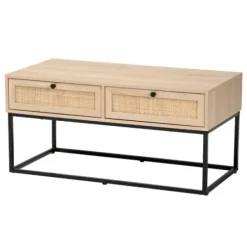Coffee Tables-Kirkland's Home Light Wood And Rat 2-Drawer Coffee Table Tan