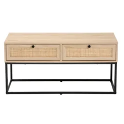 Coffee Tables-Kirkland's Home Light Wood And Rat 2-Drawer Coffee Table Tan