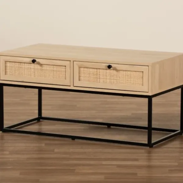 Coffee Tables-Kirkland's Home Light Wood And Rat 2-Drawer Coffee Table Tan