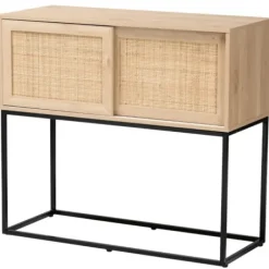 Cabinets & Sideboards-Kirkland's Home Light Wood And Rat Sliding Door Cabinet Tan