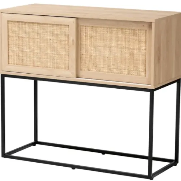 Cabinets & Sideboards-Kirkland's Home Light Wood And Rat Sliding Door Cabinet Tan