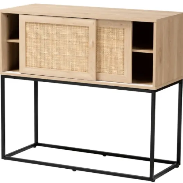 Cabinets & Sideboards-Kirkland's Home Light Wood And Rat Sliding Door Cabinet Tan