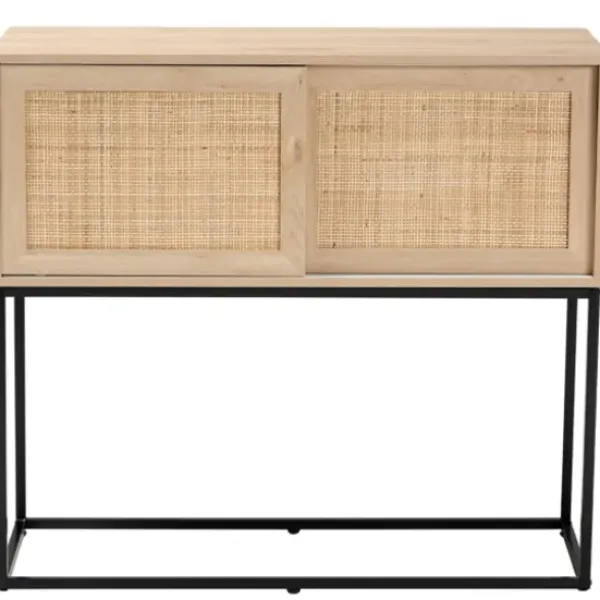 Cabinets & Sideboards-Kirkland's Home Light Wood And Rat Sliding Door Cabinet Tan