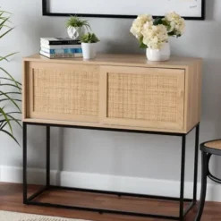 Cabinets & Sideboards-Kirkland's Home Light Wood And Rat Sliding Door Cabinet Tan