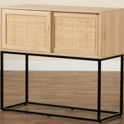 Cabinets & Sideboards-Kirkland's Home Light Wood And Rat Sliding Door Cabinet Tan