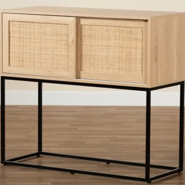 Cabinets & Sideboards-Kirkland's Home Light Wood And Rat Sliding Door Cabinet Tan