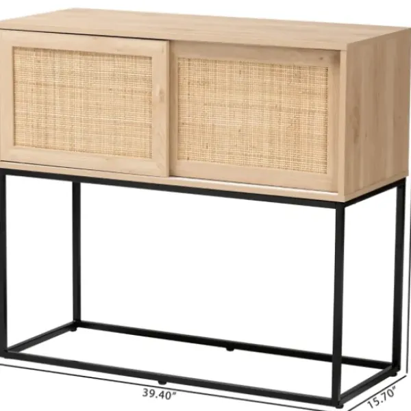 Cabinets & Sideboards-Kirkland's Home Light Wood And Rat Sliding Door Cabinet Tan