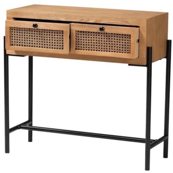 Console Tables-Kirkland's Home Light Wood And Rattan 2-Drawer Console Table Brown
