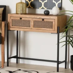 Console Tables-Kirkland's Home Light Wood And Rattan 2-Drawer Console Table Brown