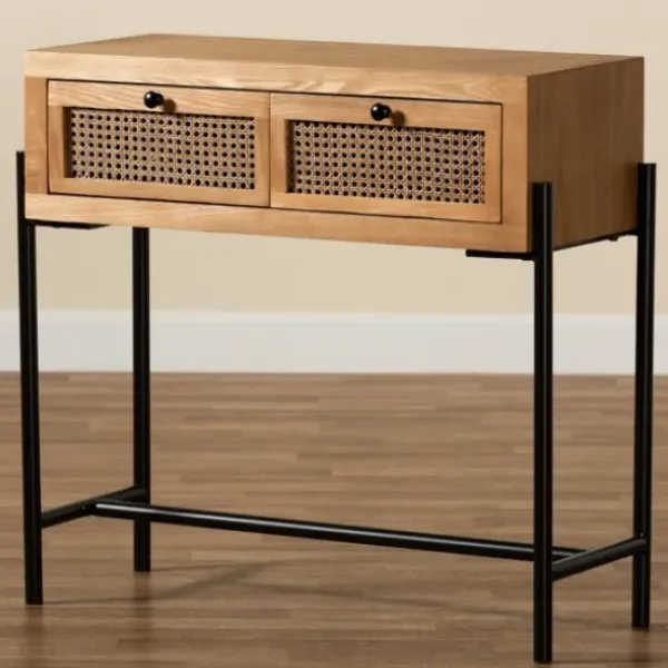 Console Tables-Kirkland's Home Light Wood And Rattan 2-Drawer Console Table Brown