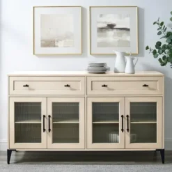 Cabinets & Sideboards-Kirkland's Home Light Wood Fluted Glass Doors Sideboard Tan