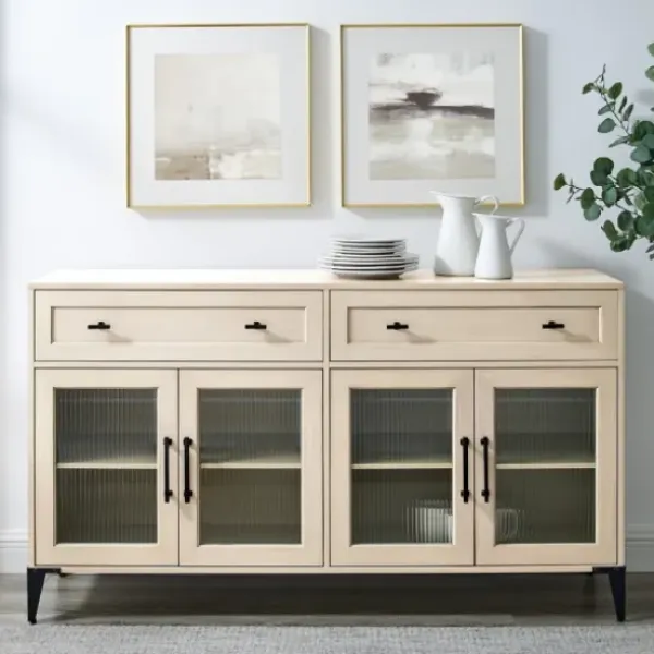 Cabinets & Sideboards-Kirkland's Home Light Wood Fluted Glass Doors Sideboard Tan