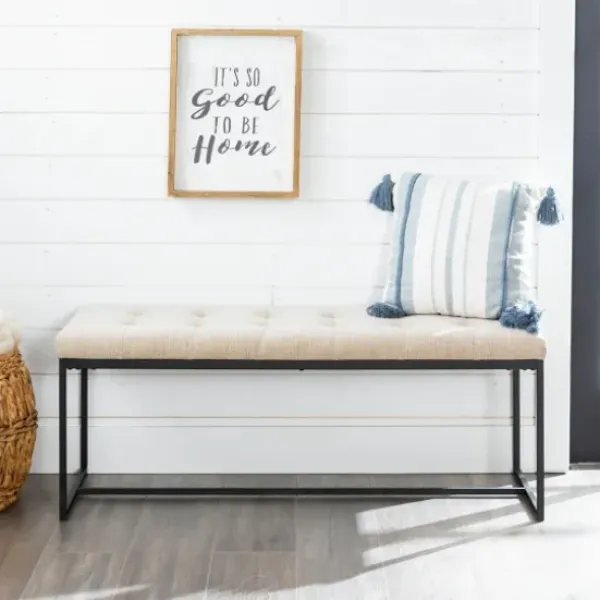 Benches & Ottomans-Kirkland's Home Linen Tufted Bench With Metal Base Tan