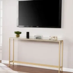 Console Tables-Kirkland's Home Long Metal Mirrored Top Console Table Gold